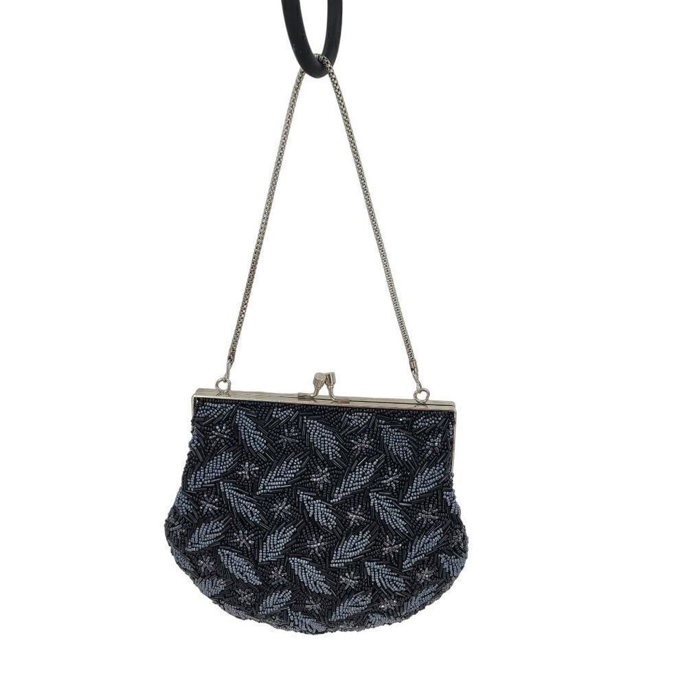 Vintage 80s La Regale Beaded Formal Evening Bag Black‎ Gunmetal Stars Feather